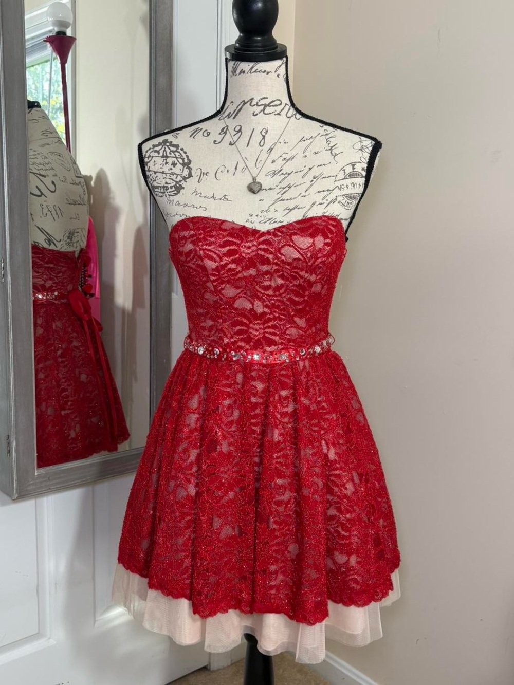 B. Darlin Red Lace Babydoll Dress with Sequined Ribbon Waistband